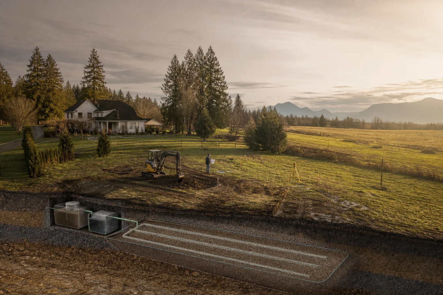 Illustrative aerial view of a Fraser Valley acreage during septic site assessment