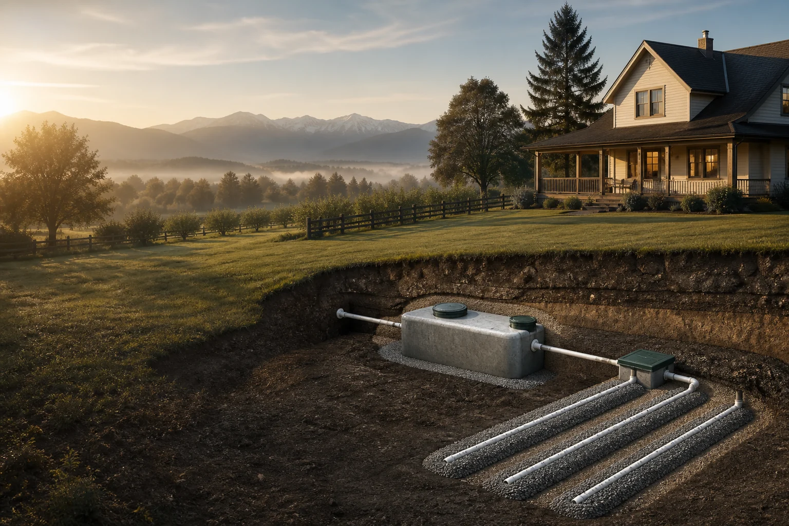 Illustrative Fraser Valley acreage with a cutaway view of an on-site wastewater system
